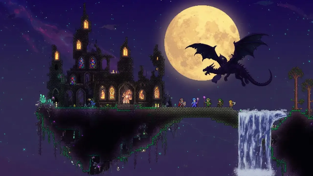 Pixel-art castle under a gold moon, painted for this guide in the Haunted Harvest palette.